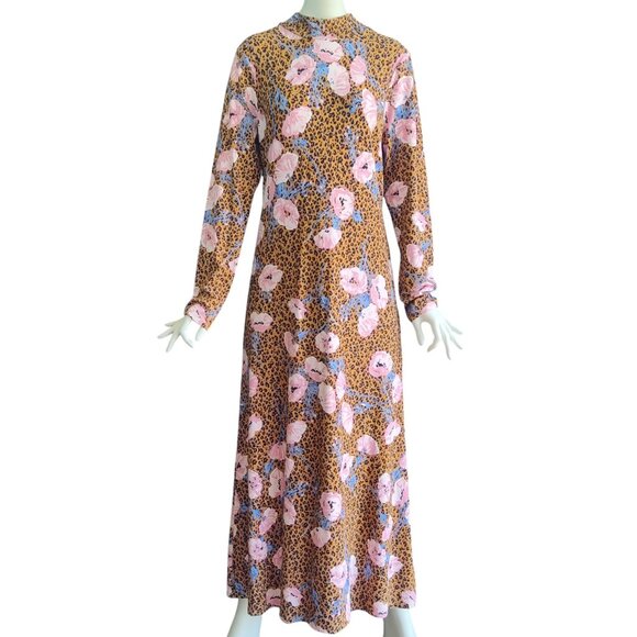 FREE PEOPLE Retro Romance Molly Leopard Floral Mock Neck Stretch Dress L - Picture 1 of 9